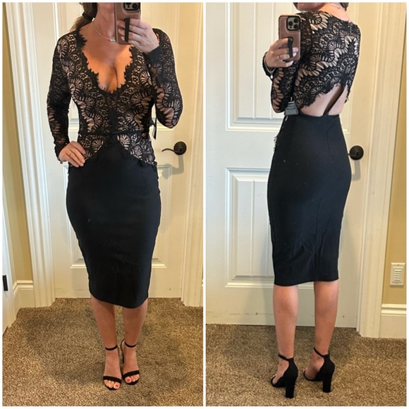 NWT Rare London Nasty Gal long sleeve eyelash lace midi dress black Nude Size S - Picture 5 of 9